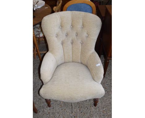 BEIGE UPHOLSTERED BUTTON BACK ARMCHAIR