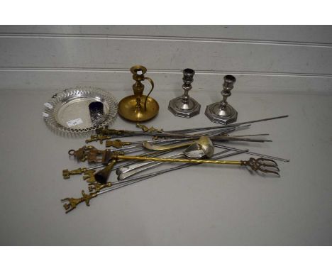 CANDLESTICKS, BRASS TOPPED SKEWERS, FIRE TOOLS ETC