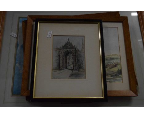 MIXED PICTURES TO INCLUDE A STUDY OF THE ERPINGHAM GATE NORWICH, TWO WATERCOLOURS, RURAL SCENES AND FURTHER FRAMED PRINT (4)