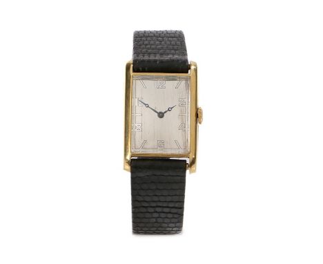 Jaeger LeCoultre 18 carat gold gentleman's wristwatch, the polished silver dial with angular Arabic and baton numerals, manua