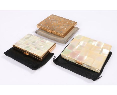 Agme, Swiss made compacts, two mother of pearl, one in original box; one engine turned gold tone with blue gems, (3)