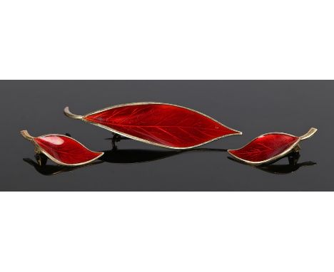 David Andersen sterling silver and enamel jewellery suite, with a brooch and a pair of earrings as leaves and red enamel to t