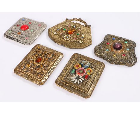 Collection of four Czech gold tone compacts, decorated with rhinestones and enamel flowers including a Princess compact in th