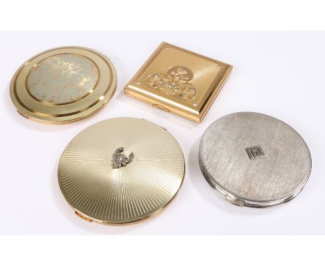 Majestic USA square gold tone compact decorated with crystals; a silver tone Alpaca (Germany) and marcasite compact; two larg