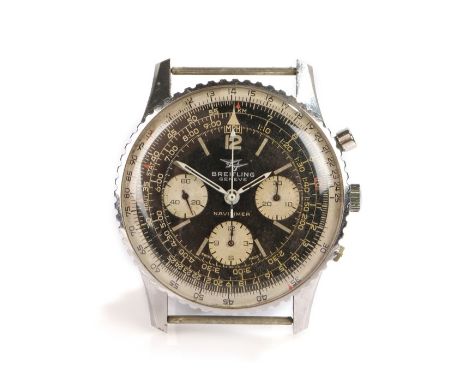 Breitling Navitimer chronograph gentleman's wristwatch circa 1969, the signed black dial with three white subsidiary dials an