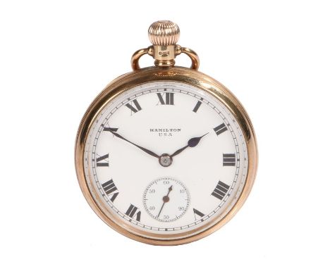 Hamilton gentleman's 9 carat gold open face pocket watch, the signed white enamel dial with Roman numerals and subsidiary sec