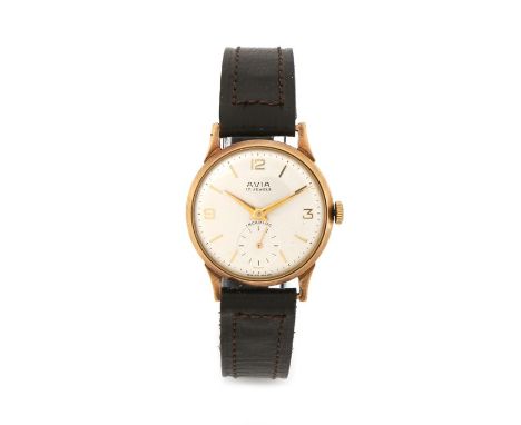Avia 9 carat gold gentleman's wristwatch, the signed white dial with gilt Arabic and baton numerals, subsidiary seconds dial 