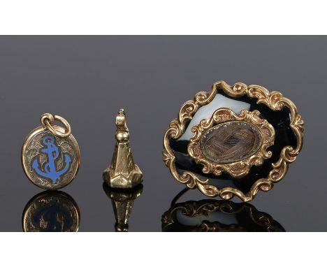 19th Century mourning brooch, with hair to the centre and enamel edge, together with a seal and a locket with a blue enamel a