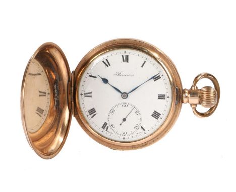 Renown gentleman's gold plated hunter pocket watch, the signed enamel dial with Roman numerals and subsidiary seconds dial, c