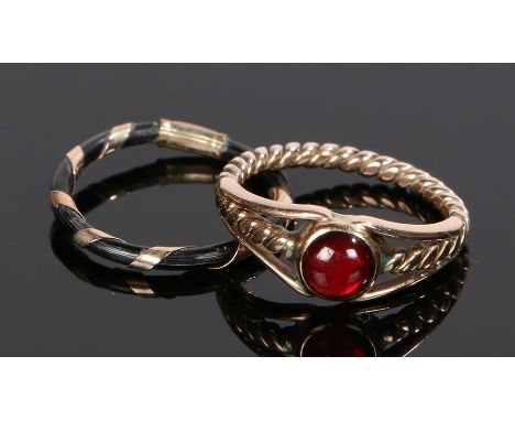 Ruby ring, set with a cabochon ruby and yellow metal shank, together with an elephant hair and gold ring, (2) 