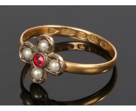 Victorian 22 carat gold wedding band, with an applied head set with a ruby and four pearls, ring size N