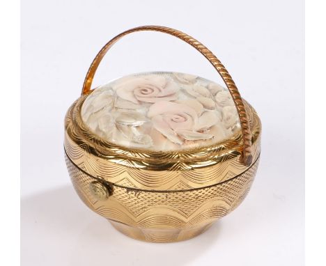 1950's engine turned gold tone Kigu 'Bouquet' flower basket compact with a hinged carrying handle decorated with a Lucite top
