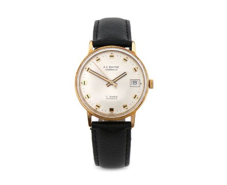 A.E. Bayne gentleman's wristwatch, the signed silver dial with gilt and black square numerals, date aperture at the three o'c
