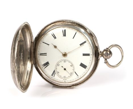 Victorian silver hunter pocket watch, the engine turned case with blank cartouche, the white dial with Roman numerals and sub