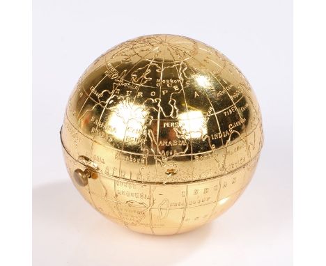 Rare Pygmallion 'Globe' spherical engine turned gold tone compact decorated with a world map with lines of latitude and longi