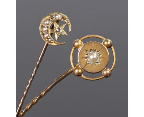 Two stick pins, to include a crescent moon enamel set with pearls on 15 carat gold, the second with a central pearl to the he