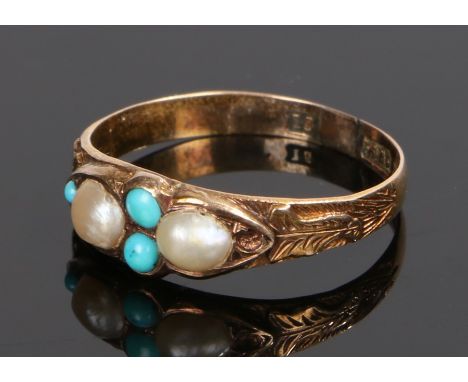 Victorian 15 carat gold pearl and turquoise set ring, with leaf decorated shoulders, ring size O