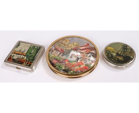 Three foil decorated compacts, each with butterfly wing effect, one Stratnoid from 1920s/early 1930s (Stratnoid changed its n
