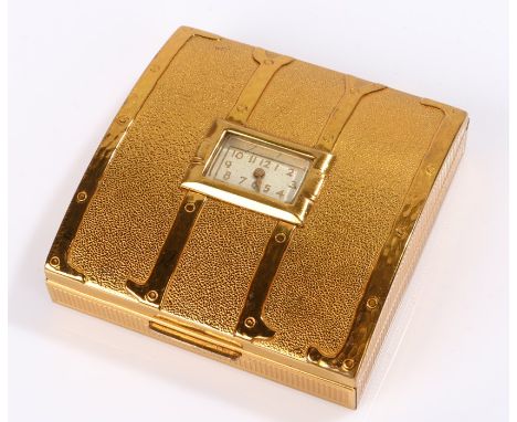 Rare 1940s Evans Steamer Trunk Watch compact in the shape of a domed banded gold chest with a swing out mirror,the watch behi