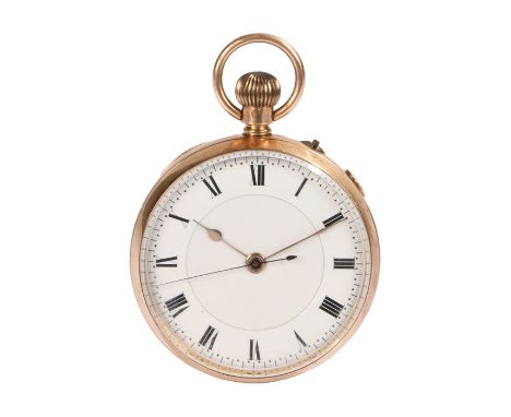 9 carat gold gentleman's open face pocket watch, the white enamel dial with Roman numerals and seconds hand, the side of the 