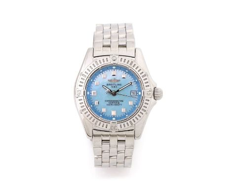 Breitling ladies divers style wristwatch, the signed blue mother of pearl effect dial with square numerals, date aperture at 