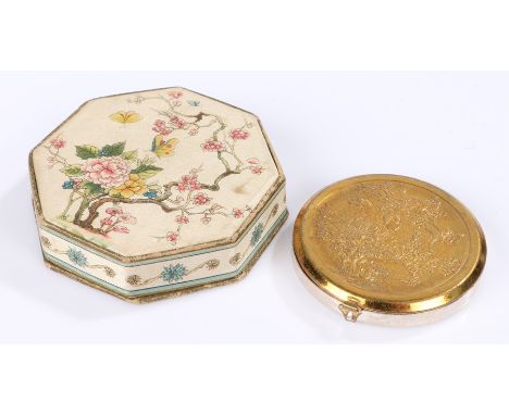 1930s 'Shari Langlois' New York compact in original silk covered box, the silk design on the box is repeated in gold tone on 