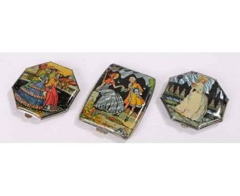 Collection of 1930s foil decorated compacts with enamel backs by Gwenda, butterfly effect, England depicting ladies in crinol