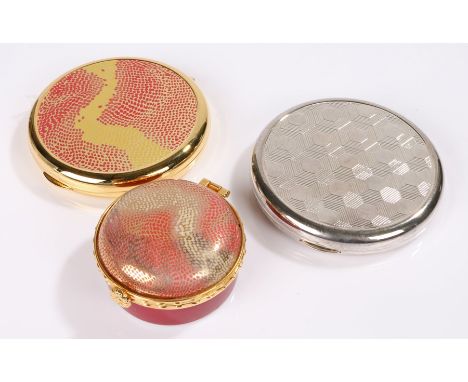 Gilt compact, celebrating Coty 75th anniversary of Laimant with matching trinket pot; a silver plated compact for the same an