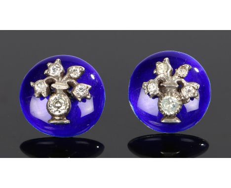 Pair of paste and enamel earrings, with urn bases and flower tops to the blue enamel domes, 15mm diameter 