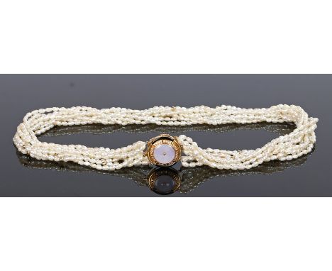 14 carat gold diamond jade and pearl necklace, the clasp with a violet jade centre with a diamond surround attached to the pe