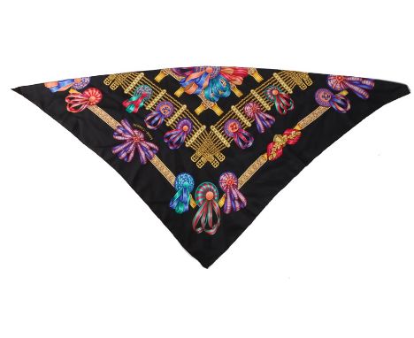 Hermes silk scarf,  Les Rubans du Cheval, with rosette and gilt buckle decoration, 84cm x 80cm