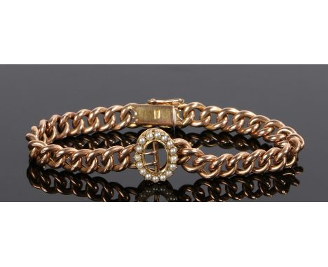 Victorian 15 carat gold pearl set bracelet, with a pearl set buckle to the front with chain links and clasp end, 19cm long12.
