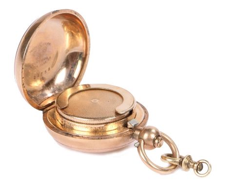 Dennison Watch Case Co. gold plated sovereign holder, with engine turned exterior, loop finial with push button opener