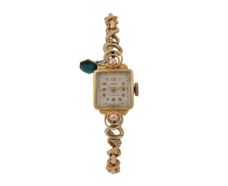 Rome 14 carat gold ladies wristwatch, the signed white dial with gilt Arabic numerals, manual wound, the case 14.5mm wide, on