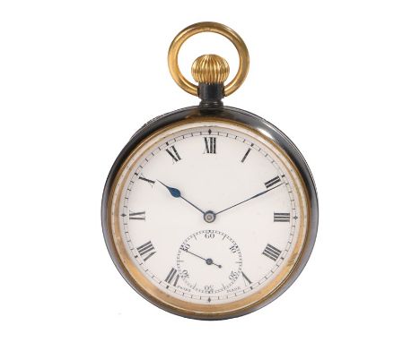 Gunmetal gentleman's pocket watch, the enamel dial with Roman numerals and subsidiary seconds dial, crown wound, the case 51m