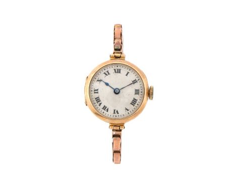 Ladies 9 carat gold wristwatch, the dial with Roman numerals, manual wound, the case 25mm diameter, on a Stylic 9 carat gold 
