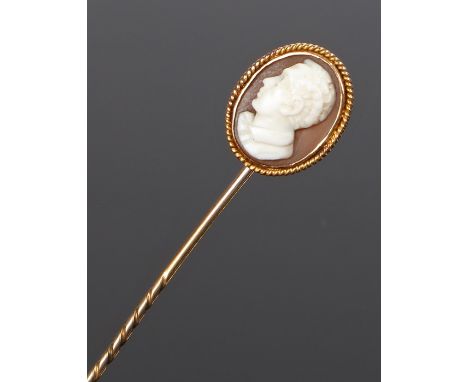 19th Century stick pin, with a carved profile cameo of a gentleman