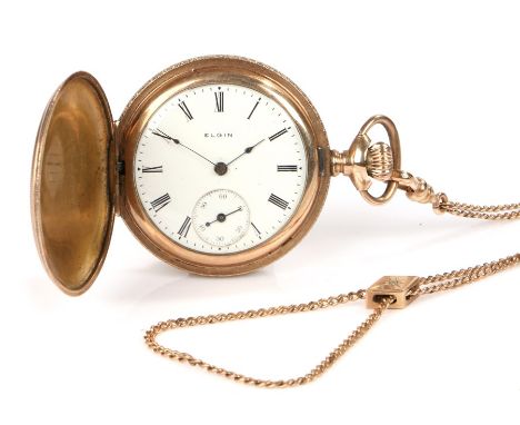 Elgin gold plated pocket watch, the case with engine turned decoration, cartouche depicting a landscape scene with blank cart
