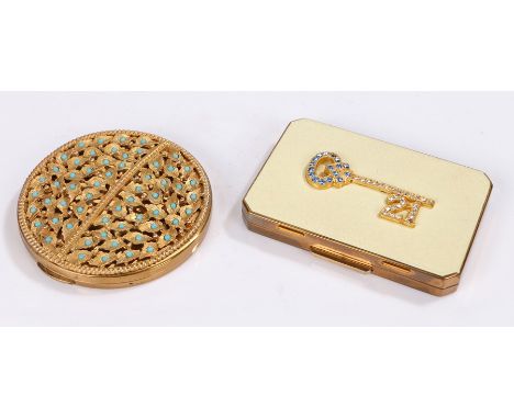 Vintage Stratton compact from 1940s/1950s to commemorate a 21st birthday, cream enamel decorated with blue and clear gemstone