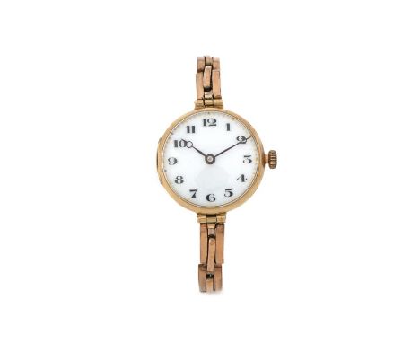 Ladies 9 carat gold wristwatch, the white dial with Arabic numerals, manual wound, the case 26.5mm diameter, on a 9 carat gol