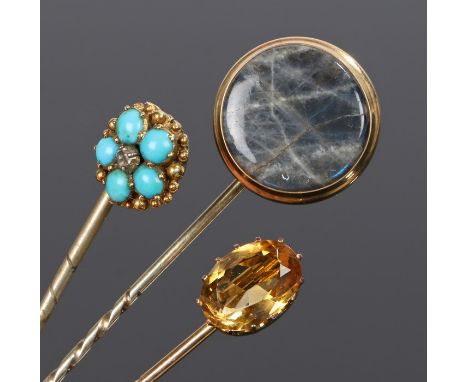 Stick pins, to include a turquoise and diamond example, a citrine example and an agate example, (3)