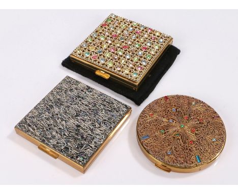 Three vintage compacts from 1950s; a Volupte (USA) decorated with coloured rhinestones; a Zell 5th Avenue (USA) decorated wit