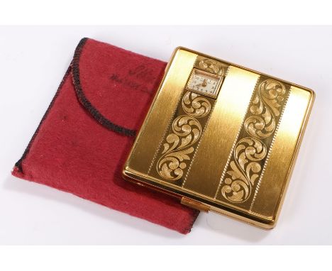 Unusual 1950's Weldwood Watch compact for powder and rouge marked Illinois Watch Case Company. The compact case is gold tone 