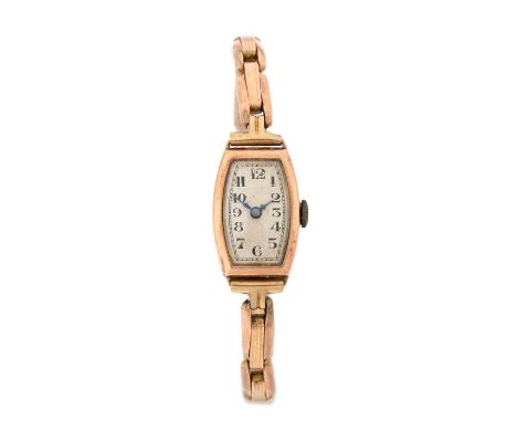 Ladies 9 carat gold wristwatch, the dial with Arabic numerals, manual wound, the case 14mm wide, on a 9 carat gold sprung str