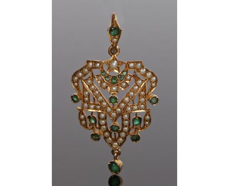 Early 20th Century pearl and emerald pendant, with rows of pearls set to an angled design with round cut emeralds, 55mm high