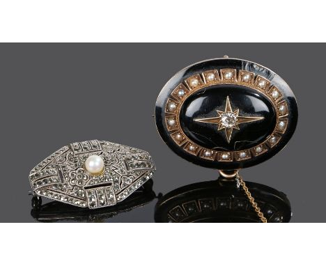 Victorian diamond enamel and pearl brooch, oval form for a central diamond set to a star with a pearl surround, glass backed,