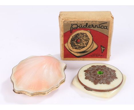 Russian silver frosted glass clamp shaped powder compact, 1960s and a Latvian Gaisma compact in plastic with metalwork design