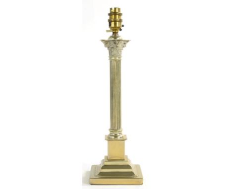 AN EDWARDIAN EPNS CORINTHIAN COLUMN LAMP, 31CM H EXCLUDING BULB HOLDER