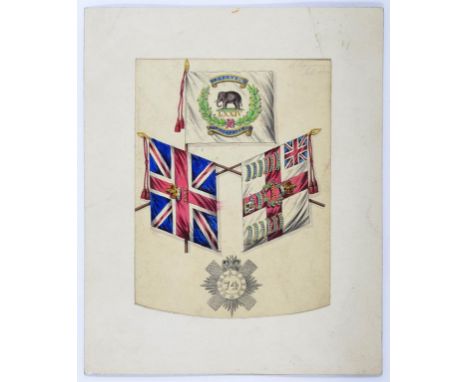A VICTORIAN HAND COLOURED LITHOGRAPH OF THE BADGE AND COLOURS OF THE 74TH HIGHLANDERS, INDISTINCTLY SIGNED IN PENCIL AND DATE