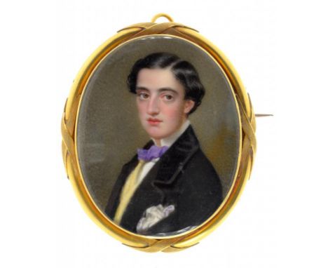 ENGLISH SCHOOL, MID 19TH C, PORTRAIT MINIATURE OF A YOUNG MAN, IVORY, OVAL, 6 X 4.6CM, SET IN A GOLD COLOURED METAL BROOCH